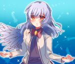  1girl angel_wings beige_jacket blue_background blush bow braid dress eyebrows_visible_through_hair feathered_wings feathers french_braid hair_between_eyes kishin_sagume long_sleeves looking_at_viewer medium_hair meimei_(meimei89008309) orange_eyes purple_dress red_bow silver_hair single_wing solo sparkle touhou wings 