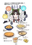  1girl bangs black_gloves bow bowl brown_eyes brown_hair cookie cropped_torso food forehead_protector gloves green_bow hair_bow headband highres jintsuu_(kancolle) kantai_collection long_hair plate pudding remodel_(kantai_collection) sailor_collar seiran_(mousouchiku) simple_background smile solo soup spoon white_background white_sailor_collar 