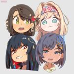  4girls aadya_(nijisanji) annoyed bangs black_hair blonde_hair blue_eyes blue_hair blush brown_hair colored_inner_hair dark-skinned_female dark_skin earrings eyebrows_visible_through_hair green_eyes grey_background hairband head_tilt highres jewelry layla_alstroemeria mole mole_under_eye multicolored_hair multiple_girls nijisanji nijisanji_id nijisanji_in noor_(nijisanji) onionsketch redhead shaded_face short_hair siska_leontyne virtual_youtuber 