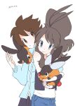  1boy 1girl bangs black_(pokemon) black_vest blue_jacket bow brown_eyes brown_hair closed_mouth denim denim_shorts eyelashes gen_5_pokemon hagetapo high_ponytail hilbert_(pokemon) hilda_(pokemon) holding holding_pokemon jacket long_hair long_sleeves pants pokemon pokemon_(creature) pokemon_adventures shirt short_hair shorts sidelocks smile tepig vest white_(pokemon) white_background white_shirt wristband 