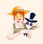  1girl :d brown_hair button_eyes character_doll doll emma_woods freckles gloves green_eyes gremlintot hat holding holding_doll identity_v jack_(identity_v) looking_at_viewer open_mouth smile solo straw_hat white_background white_gloves 