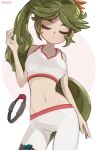  alternate_costume bangs breasts closed_eyes head_tilt highres joy-con kid_icarus kid_icarus_uprising large_breasts leaning_to_the_side long_hair midriff navel onionsketch open_hands palutena pants ponytail ring_fit_adventure sports_bra thigh_strap very_long_hair white_pants white_sports_bra yoga_pants 