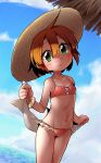  1girl bikini blush breasts cowboy_shot day green_eyes hat medic_(sekaiju) medic_2_(sekaiju) navel orange_hair outdoors pink_bikini sekaiju_no_meikyuu sekaiju_no_meikyuu_1 short_hair sky small_breasts solo sun_hat suno_(imydream) swimsuit 