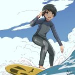  1girl alternate_costume anatamo androgynous artist_name black_hair black_wetsuit blue_sky bodysuit brown_eyes clouds commentary_request dated day kantai_collection mogami_(kancolle) one-hour_drawing_challenge outdoors short_hair sky solo surfing twitter_username wetsuit 
