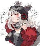 1girl absurdres animal_ears arknights bangs black_headwear breasts character_name closed_eyes commentary_request ear_wiggle fox_ears frostleaf_(arknights) grey_shirt hat headphones highres implied_extra_ears jacket long_hair nail_polish oripathy_lesion_(arknights) raw_egg_lent red_jacket red_nails shirt silver_hair small_breasts solo translated upper_body wet white_background