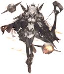  1girl abyssal_ship armor bow_(weapon) breasts cape enemy_aircraft_(kancolle) full_body glowing glowing_eye highres holding holding_bow_(weapon) holding_weapon kantai_collection konishi_(koconatu) large_breasts long_hair official_art pale_skin solo transparent_background weapon white_hair yellow_eyes 