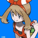  1girl bangs blue_background bow brown_hair closed_mouth fanny_pack grey_eyes hair_bow highres holding holding_poke_ball may_(pokemon) medium_hair poke_ball pokemon pokemon_(game) pokemon_oras red_shirt shirt sleeveless sleeveless_shirt smile striped striped_bow yamane_(viq4201) 