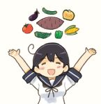  1girl ahoge bell_pepper bitter_melon black_hair blue_sailor_collar closed_eyes commentary_request corn cucumber eggplant food kantai_collection long_hair lowres outstretched_arms pepper saiguchi_otoufu sailor_collar school_uniform serafuku simple_background solo squash sweet_potato tomato upper_body ushio_(kancolle) white_background 