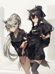  2girls alternate_costume animal_ears arknights black_hair black_jacket black_legwear black_nails black_shirt black_shorts black_skirt bracelet collarbone ear_piercing food fox_ears fox_girl fox_tail grey_eyes hair_ornament hairclip highres jacket jewelry lappland_(arknights) locked_arms long_hair multiple_girls nail_polish necklace oripathy_lesion_(arknights) piercing pocky ring shirt shorts skindentation skirt skull skull_necklace symbol-only_commentary tail texas_(arknights) thigh-highs veilrain very_long_hair wedding_band white_hair wolf_ears wolf_girl wolf_tail yellow_eyes 