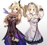  2girls absurdres ahoge barbara_(genshin_impact) barbara_(genshin_impact)_(cosplay) blonde_hair bodystocking breasts cosplay crossover dress fire_emblem fire_emblem_awakening fire_emblem_fates fischl_(genshin_impact) fischl_(genshin_impact)_(cosplay) garter_straps genshin_impact gloves grandmother_and_granddaughter grey_eyes hair_ribbon henshin_pose highres kamen_rider kamen_rider_(series) lissa_(fire_emblem) medium_breasts multiple_girls open_mouth ophelia_(fire_emblem) ribbon saikunartworks thigh-highs twintails 