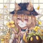  1girl animal_ears arknights beanstalk_(arknights) black_collar black_headwear braid brown_hair chinese_commentary collar commentary_request ears_through_headwear flower green_hair hair_between_eyes hand_up hat highres holding holding_flower hyena_ears infection_monitor_(arknights) jacket kaxnight lips looking_at_viewer metal_crab_(arknights) multicolored_hair portrait red_eyes streaked_hair white_jacket yellow_flower 