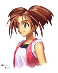  1girl breasts brown_eyes brown_hair character_request closed_mouth dated haruyama_kazunori long_hair lowres simple_background smile solo white_background 