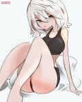  bangs barefoot black_shorts breasts collarbone eyebrows_behind_hair grey_eyes greyscale hair_between_eyes highres large_breasts looking_to_the_side monochrome onionsketch original short_hair shorts sitting sports_bra thick_thighs thighs white_hair 