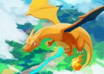  above_clouds blue_eyes charizard claws closed_mouth commentary_request day fire flame flying gen_1_pokemon no_humans outdoors pokemon pokemon_(creature) river smile solo uninori 