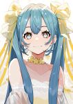  1girl :3 absurdres bare_shoulders blue_eyes blue_hair bow closed_mouth collarbone commentary detached_sleeves eyelashes flower hair_bow hatsune_miku highres long_hair long_sleeves looking_at_viewer smile solo twintails upper_body vocaloid white_background yellow_bow yellow_flower yuu_(higashi_no_penguin) 
