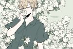  1boy black_shirt blue_eyes collared_shirt commentary_request covered_mouth english_text flower flower_over_mouth green_background half-closed_eyes hand_up highres kankara_nashi light_brown_hair lying male_focus on_back original shirt short_hair short_sleeves solo upper_body white_flower 