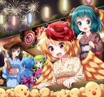  4girls animal_ears animal_print bangs belt bird bird_print blonde_hair blue_belt blue_bow blue_dress blue_eyes blue_kimono blue_sleeves bow box breasts brown_dress brown_eyes brown_hair brown_headwear brown_kimono brown_sleeves cat chick cirno cowboy_hat daiyousei dog_ears dog_print dog_tail dress eyebrows_visible_through_hair festival fireworks green_eyes green_hair gun hair_between_eyes hair_bow hands_up hat highres japanese_clothes kasodani_kyouko kimono kurokoma_saki long_hair long_sleeves looking_at_another looking_to_the_side mask medium_breasts multicolored multicolored_bow multicolored_hair multiple_girls night night_sky niwatari_kutaka one_side_up open_mouth orange_belt paw_print pink_belt pink_bow pink_dress pink_kimono pink_sleeves ponytail red_eyes redhead ruu_(tksymkw) short_hair short_ponytail sky smile star_(sky) starry_sky striped striped_bow tail touhou tree weapon white_belt white_bow wide_sleeves wings yellow_bow yellow_dress yellow_kimono yellow_sleeves 