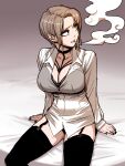  1girl absurdres beige_background black_legwear breasts cigarette garter_straps gigle highres light_brown_hair looking_to_the_side mole mole_under_eye original shirt short_hair simple_background smoking solo thigh-highs white_shirt 