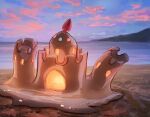  clouds commentary_request fusenryo gen_7_pokemon glowing highres no_humans outdoors palossand pokemon pokemon_(creature) sand sand_castle sand_sculpture shore sky twilight water 