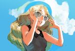  1girl absurdres adjusting_eyewear bare_arms blonde_hair breasts clouds collared_shirt commentary day grey_eyes hands_up highres l_1753ucon long_hair looking_to_the_side outdoors pokemon pokemon_(game) pokemon_xy serena_(pokemon) shiny shiny_hair shirt sky sleeveless sleeveless_shirt smile solo sunglasses upper_body white-framed_eyewear 