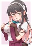  1girl :o absurdres bangs black_hair blue_neckwear blush breasts brown_gloves eyebrows_visible_through_hair fang fingerless_gloves gloves hair_between_eyes half-closed_eyes highres kantai_collection large_breasts long_hair multicolored_hair naganami_(kancolle) namaata parted_lips pink_hair purple_skirt remodel_(kantai_collection) shirt short_sleeves simple_background skin_fang skirt solo twitter_username two-tone_hair upper_body vest white_shirt yellow_eyes 