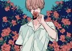  1boy blue_background brown_hair bush closed_eyes collarbone collared_shirt commentary_request eyebrows_visible_through_hair flower flower_over_mouth flower_request hand_up highres kankara_nashi male_focus original red_flower shirt short_hair short_sleeves solo twitter_username upper_body white_shirt 