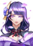  1girl absurdres bangs blurry blurry_foreground breasts commentary english_commentary falling_petals flower genshin_impact hair_ornament highres japanese_clothes kimono kyonamu long_hair looking_to_the_side obiage open_mouth parted_lips petals purple_flower purple_hair raiden_shogun ribbon simple_background solo tassel tomoe_(symbol) violet_eyes white_background 