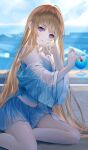 1girl arm_support artist_name bangs blonde_hair blue_shirt blue_skirt blue_theme blurry blurry_background blush cup expressionless hand_up head_tilt highres long_hair long_sleeves looking_at_viewer nekoyama_iori original outdoors parted_lips shirt sitting skirt solo summer violet_eyes 