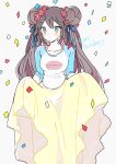  1girl bangs blue_eyes blush breasts brown_hair closed_mouth clothes_lift collarbone commentary_request confetti double_bun eyebrows_visible_through_hair eyelashes flower hagetapo hair_flower hair_ornament happy_birthday heart long_hair pink_flower pokemon pokemon_adventures raglan_sleeves shirt shirt_lift skirt sleeves_past_elbows smile solo whitley_(pokemon) yellow_skirt 