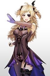  1girl absurdres ahoge blonde_hair bodystocking breasts crossover dress fire_emblem fire_emblem_fates fischl_(genshin_impact) fischl_(genshin_impact)_(cosplay) garter_straps genshin_impact gloves grey_eyes hair_ribbon henshin_pose highres kamen_rider kamen_rider_(series) medium_breasts ophelia_(fire_emblem) pose ribbon saikunartworks solo 