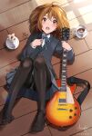  1girl absurdres ahoge artist_name black_jacket black_legwear blazer blue_neckwear blue_ribbon blue_skirt brown_eyes brown_hair cake commentary cup dress_shirt electric_guitar food from_above full_body guitar hair_ornament hairclip highres hirasawa_yui huge_filesize instrument jacket k-on! looking_at_viewer looking_up lying messy_hair nasenbi neck_ribbon on_back on_floor open_mouth panties panties_under_pantyhose pantyhose pantyshot pink_lips plate pleated_skirt reflection refraction ribbon round_teeth school_uniform shirt short_hair signature skirt solo spoon tea teacup teeth thighs toes underwear uniform white_panties white_shirt wooden_floor 