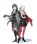 2girls aiguillette armor armored_dress bangs black_dress black_footwear black_legwear black_shorts blue_eyes blue_hair boots breasts byleth_(fire_emblem) byleth_eisner_(female) cape closed_mouth coat coat_on_shoulders dress edelgard_von_hresvelg epaulettes expressionless fire_emblem fire_emblem:_three_houses forehead full_body garreg_mach_monastery_uniform gloves hair_between_eyes hand_on_own_chin high_heel_boots high_heels knee_boots leg_armor light_smile long_hair looking_at_viewer medium_breasts medium_hair multiple_girls pantyhose parted_bangs red_cape red_legwear sen&#039;yuu_yuuji short_shorts shorts shoulder_armor side-by-side silver_hair simple_background small_breasts smile standing straight_hair vambraces violet_eyes white_background white_gloves 