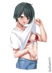  1girl bikini black_hair blush breasts brown_eyes clothes_lift collarbone ebifurya eyebrows_visible_through_hair hair_between_eyes highres kantai_collection lifted_by_self looking_at_viewer mogami_(kancolle) navel open_mouth red_bikini shirt shirt_lift short_hair shorts small_breasts solo swimsuit swimsuit_under_clothes 
