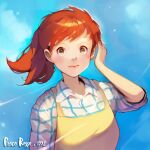  1girl absurdres blue_sky brown_eyes copyright_name day fio_piccolo freckles hand_up highres kisher kurenai_no_buta long_hair looking_at_viewer outdoors redhead shirt sky solo striped striped_shirt wind 