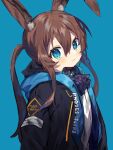  1girl amiya_(arknights) animal_ear_fluff animal_ears arknights ascot black_jacket blue_background blue_eyes blue_neckwear blush commentary_request hair_between_eyes highres inu_(puputizy) jacket long_hair looking_at_viewer open_clothes open_jacket ponytail rabbit_ears shirt sidelocks simple_background solo upper_body white_shirt 