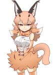  1girl 370ml animal_ears arms_behind_back belt blue_eyes bow bowtie brown_gloves brown_legwear brown_neckwear brown_skirt caracal_(kemono_friends) closed_eyes closed_mouth commentary elbow_gloves extra_ears eyebrows_visible_through_hair gloves half-closed_eyes high-waist_skirt highres kemono_friends light_brown_hair long_hair looking_at_viewer miniskirt shirt short_hair simple_background skirt sleeveless sleeveless_shirt smile solo standing tail thigh-highs white_background white_belt white_shirt 