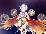  1girl armor bangs bare_shoulders boots cape closed_eyes closed_mouth company_connection crossover earrings galaxy gauntlets genshin_impact hair_between_eyes hair_ornament hands_together highres honkai_(series) honkai_impact_3rd jewelry kiana_kaslana kiana_kaslana_(herrscher_of_flamescion) mihoyo_technology_(shanghai)_co._ltd. parody ponytail praying shirt sleeveless solo star_(sky) sweetybir thigh-highs thigh_boots torn_cape torn_clothes white_footwear white_hair white_shirt 
