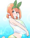  1girl bangs bare_arms bare_shoulders barefoot bikini blue_eyes blush closed_mouth commentary_request eyebrows_behind_hair go-toubun_no_hanayome green_bikini green_ribbon hair_between_eyes hair_ribbon highres kujou_karasuma low_twintails nakano_yotsuba orange_hair ribbon shirt short_twintails signature sleeveless sleeveless_shirt smile solo sparkle swimsuit twintails white_shirt 