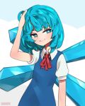  1girl artist_name bangs blue_dress blue_eyes blue_hair bright_pupils cirno collared_shirt dress eyebrows_behind_hair hand_on_head highres ice ice_wings onionsketch parted_lips red_neckwear shirt short_hair smirk solo touhou white_pupils white_shirt wings 