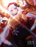  1girl absurdres aran_sweater azur_lane bare_shoulders belfast_(azur_lane) belfast_(shopping_with_the_head_maid)_(azur_lane) beret bird black_legwear black_skirt blush box breasts brown_sweater choker commentary_request dated earrings food from_below hat highres holding holding_box hoop_earrings jewelry kei_kei_(854174652) large_breasts lipstick long_hair looking_at_viewer makeup nail_polish new_year off-shoulder_sweater off_shoulder pantyhose pencil_skirt pink_lips pocky red_headwear red_nails red_shawl shawl silver_hair skirt smile solo sunlight sweater very_long_hair violet_eyes white_feathers 