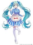  1girl :d apron aqua_eyes aqua_hair artist_name blue_bow blue_dress blush bow clothes_writing commentary_request company_name dress frilled_apron frills hair_bow hand_up hatsune_miku high_heels juliet_sleeves leg_up long_hair long_sleeves looking_at_viewer morikura_en official_art open_mouth puffy_sleeves simple_background smile solo standing standing_on_one_leg striped thigh-highs twintails upper_teeth vertical-striped_dress vertical_stripes very_long_hair vocaloid waist_apron wendy&#039;s white_apron white_background white_footwear white_legwear zettai_ryouiki 