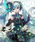  1girl :d black_gloves black_legwear blue_eyes blue_hair blue_nails cowboy_shot cyawa dot_nose elbow_gloves fingernails gloves glowing_nails gradient_hair green_skirt hair_between_eyes hair_ornament hands_up happy_birthday hatsune_miku headphones headset highres long_hair looking_at_viewer microphone multicolored_hair nails_visible_through_gloves open_mouth skirt smile solo standing thigh-highs twintails very_long_hair vocaloid 
