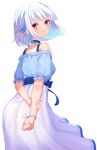  1girl absurdres arms_behind_back bangs bare_shoulders blue_choker blue_hair blue_shirt blush choker colored_inner_hair commentary_request eyebrows_visible_through_hair from_behind grin highres holding_own_arm lize_helesta looking_at_viewer looking_back multicolored_hair nenehotoso nijisanji off-shoulder_shirt off_shoulder shirt short_hair short_sleeves silver_hair simple_background skirt smile solo standing violet_eyes virtual_youtuber white_background white_skirt wristband 