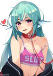  1girl absurdres bangs breasts c_turtle collar collarbone finana_ryugu green_hair head_fins heart heart-shaped_pupils highres leash long_hair looking_at_viewer medium_breasts navel nijisanji nijisanji_en off_shoulder red_collar solo speech_bubble spoken_heart sports_bra sweat symbol-shaped_pupils tongue tongue_out violet_eyes virtual_youtuber 