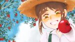  1girl :d apple blush brown_hair clouds day emma_woods food freckles fruit gloves green_eyes gremlintot hat highres holding holding_food holding_fruit identity_v looking_at_viewer open_mouth outdoors short_hair smile solo straw_hat sun_hat upper_body white_gloves 