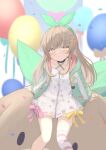  1girl absurdres balloon bangs bebe_(nanahira) blunt_bangs blurry blurry_background commentary confetti dress eyebrows_visible_through_hair green_ribbon hair_ornament hair_ribbon hairclip highres indie_virtual_youtuber jacket klaius light_brown_hair long_hair long_sleeves looking_at_viewer nanahira open_clothes open_jacket ribbon sitting smile solo virtual_youtuber yellow_eyes 