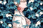  1boy black_background blonde_hair branch camellia collared_shirt commentary_request earphones earphones flower from_side hand_on_own_chest kankara_nashi leaf looking_at_viewer male_focus original parted_lips red_flower shirt short_hair short_sleeves sideways_glance solo twitter_username upper_body white_flower white_shirt yellow_eyes 