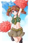  1girl 370ml arm_up artist_name black_footwear blue_eyes blue_sky border brown_hair brown_skirt collared_shirt commentary_request commission crop_top day green_belt green_headband green_neckwear green_shirt grin headband holding holding_pom_poms indie_virtual_youtuber irodori_mayoi jumping looking_at_viewer medium_hair midriff navel neckerchief outdoors outside_border pom_pom_(cheerleading) shirt shoes sidelocks signature skeb_commission skirt sky sleeveless sleeveless_shirt smile solo translation_request twintails white_border 