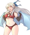  1girl :d absurdres adapted_costume ass_visible_through_thighs bangs bare_shoulders bikini black_gloves blue_cape breasts cape clothing_cutout collarbone cowboy_shot fire_emblem fire_emblem:_radiant_dawn fire_emblem_heroes gloves groin hair_ribbon half_updo highres holding holding_cape innertube long_hair looking_at_viewer micaiah_(fire_emblem) navel open_mouth ribbon silver_hair simple_background smile solo swimsuit teeth tridisart under_boob underboob_cutout white_background yellow_eyes 