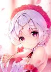  1girl absurdres bangs bare_shoulders bridal_veil bride closed_mouth dress fingerless_gloves flower gloves hair_between_eyes hair_flower hair_ornament highres holding holding_flower honkai_(series) honkai_impact_3rd looking_at_viewer mofa_gu_zi_xi_sang_jiang petals red_eyes red_flower red_rose rose smile solo theresa_apocalypse theresa_apocalypse_(luna_kindred) veil wedding_dress white_dress white_gloves white_hair 